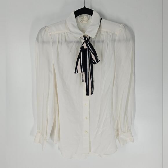 Kate Spade Cream Silk Button Down Long Sleeve Neck Tie Blouse XS - Picture 1 of 8
